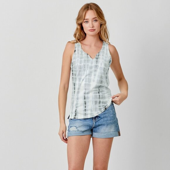 MYSTREE Grey Tie-Dye Sleeveless Tank Top, Soft Casual Summer Shirt, Notch Neck - Picture 5 of 6